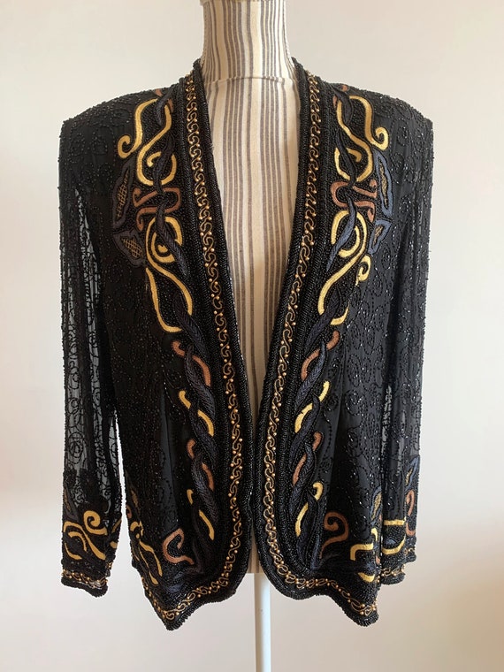 Vintage Heavy Beadwork Blazer, Pure Silk Black Be… - image 2