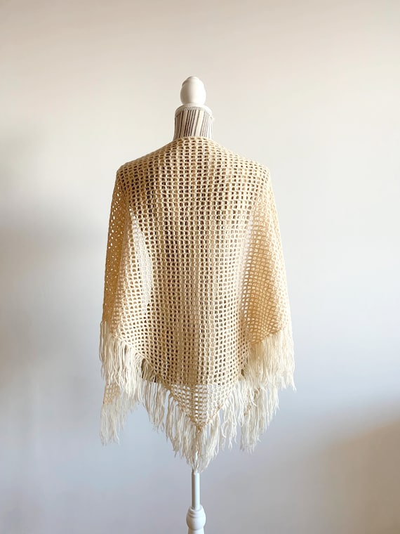 Vintage Ecru Crochet Shawl With Tassels, Cream Wi… - image 1