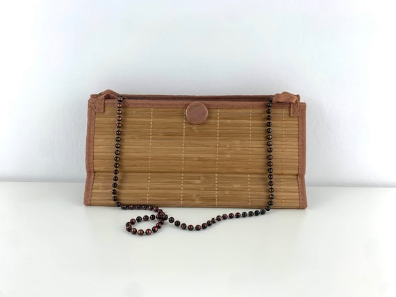 Vintage Wooden Handbag, Bamboo Slim Envelope Purse, Woven Clutch Wallet, Natural Wood Small Shoulder Bag, Basket Weave Jute Tote Bag
