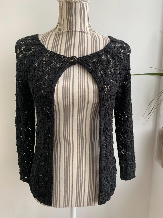 Vintage Y2K Black Knitted Cardigan Size S, Sheer Openwork Cardigan, Lace Fishnet Cardigan, Long Sleeve Mesh Knitted Sweater, Gift for Her