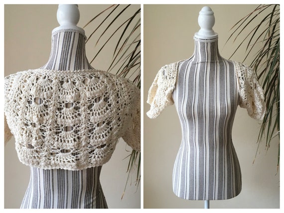 Off White Crochet Cardigan, Chunky Lace Crop Top,