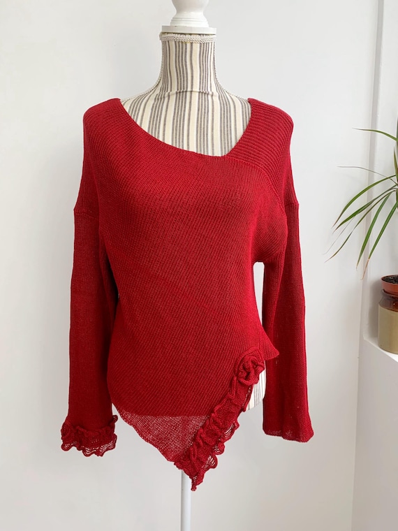 Burgundy Red 100% Linen Sweater Size M L, Vintage 90s Pure Linen Knitted Blouse, Long Sleeve Asymmetrical Linen Pullover, Artisan Linen Top