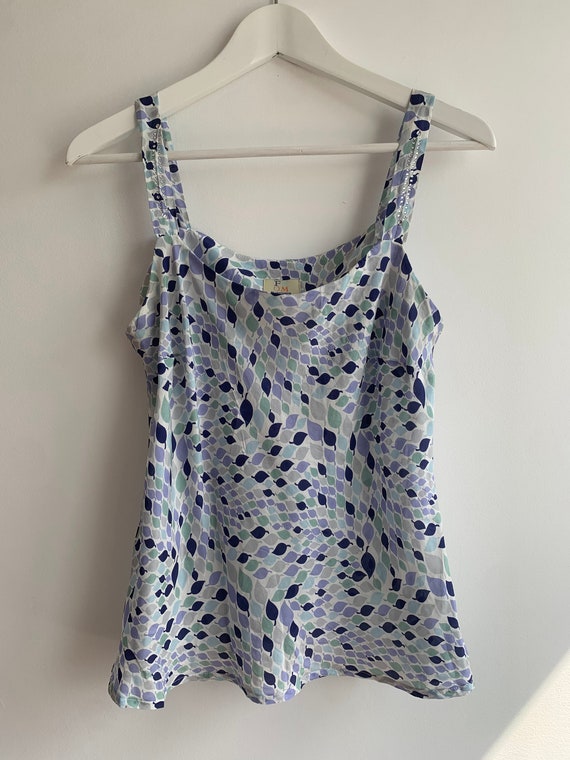 Vintage Pure Silk Tank Top for Women Size S, Lavender Teal Navy Blue Summer Silk Camisole, Spaghetti Strap Slip Top, Leaf Print Cami Top