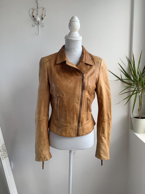 Vintage Y2K ARMA Tan Leather Jacket for Women S, Light Brown Distressed Bomber Jacket, Camel Cropped Biker Jacket, Collared Leather Coat