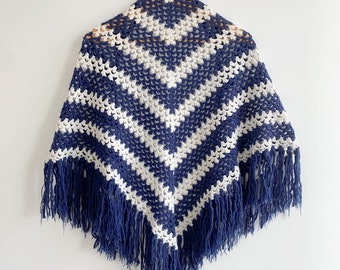 Navy Blue and White Striped Crochet Shawl, Sheer Mesh Lace Knit Shawl with Tassels, Vintage Fringed Shoulder Wrap, Bohemian Triangle Shawl