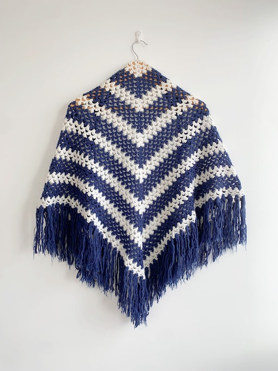 Navy Blue and White Striped Crochet Shawl, Sheer Mesh Lace Knit Shawl with Tassels, Vintage Fringed Shoulder Wrap, Bohemian Triangle Shawl