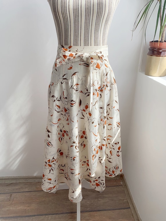 Vintage 70s Cream Beige Midi Flare Skirt Size XS, Tie Waist Belted Cotton Linen Skirt, Women's Summer Floral Skirt, Retro Long Circle Skirt