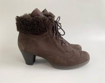 Gabor Vintage 90s Lace Up Ankle Boots, Brown Suede Fur Trim Block Heel Boots Women Size UK 6 EU 39 US 8, 90s Suede Leather Heeled Booties
