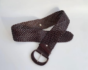 Cinturón de piel tejida marrón oscuro para mujer, 95 cm, 37", cinturón ancho estilo bohemio vintage de los años 90, cinturón trenzado estilo bohemio chic, cinturón hippie para festivales