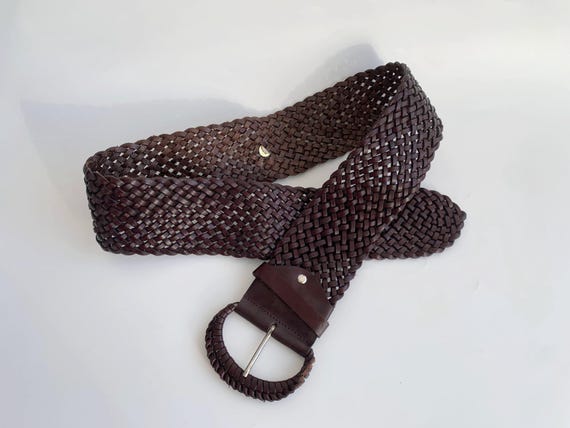 Dark Brown Woven Leather Belt for Women 95 cm 37", Vintage 90s Bohemian Wide Hip Belt, Boho Chic Braided Waist Belt, Hippie Festival Belt