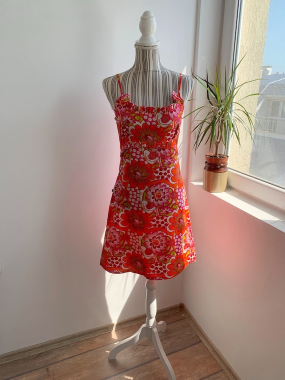 Vintage Orange Red Floral Sleeveless Mini Dress Size S, 90s Y2K Summer Cotton Grunge Dress, Spaghetti Strap Slip Dress, 60s Style Sundress