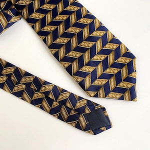 Vintage Silk Tie for Men Made in Italy, Navy Blue & Gold Diamond Pattern Italian Pure Silk Necktie, Classic Neck Accessory Gift for Him