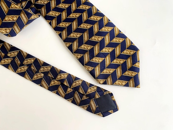 Vintage Silk Tie for Men Made in Italy, Navy Blue & Gold Diamond Pattern Italian Pure Silk Necktie, Classic Neck Accessory Gift for Him