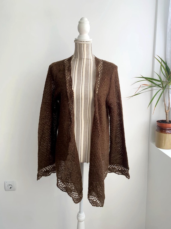 Vintage TARA Brown Knit Cardigan Size XL, Open Front Mohair Sweater, Romantic Lace Light Coat, Long Sleeve Wool Jacket, Knitted Bolero Shrug