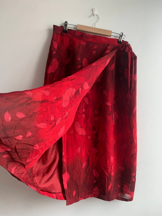 Red Floral Wrap Skirt Size L XL, Vintage 90s Grunge Skirt, Straight Wrap Skirt, Light Viscose Long Summer Skirt, Ankle Length Tie Up Skirt