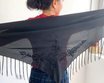 Vintage Black Polyester Embroidered Piano Triangle Fringe  display picture 1