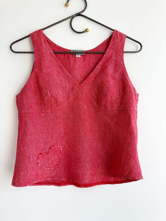 Rett & Slett Oslo Red Linen Tank Top Women, Norwegian V Neck Sleeveless Linen Top with Heart Detail, Cottagecore Summer Top, Boho Linen Vest