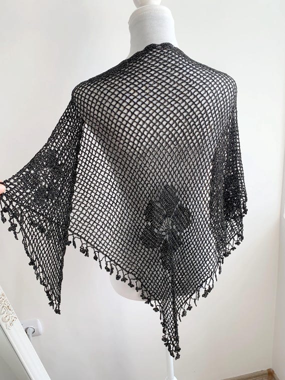 Black Lace Crochet Shawl Wrap With Gold Lurex, Art Deco Net Fillet Crochet Elegant Evening Scarf, Floral Fishnet Mesh Shoulder Cover Up