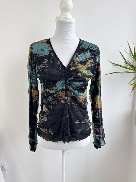 Vintage 90s Sheer Tulle Top Size S, Y2K 2000s Abstract Stretchy Mesh Blouse, Fitted V Neck Lace Top, Black Teal Blue Yellow Fishnet Shirt