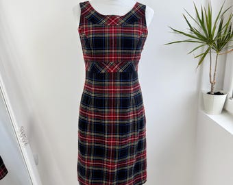 90s tommy hilfiger dress XS 90s Tommy Hilfiger Red Plaid A Line Dress | Vintage Spaghetti Strap Knit  Midi Dress