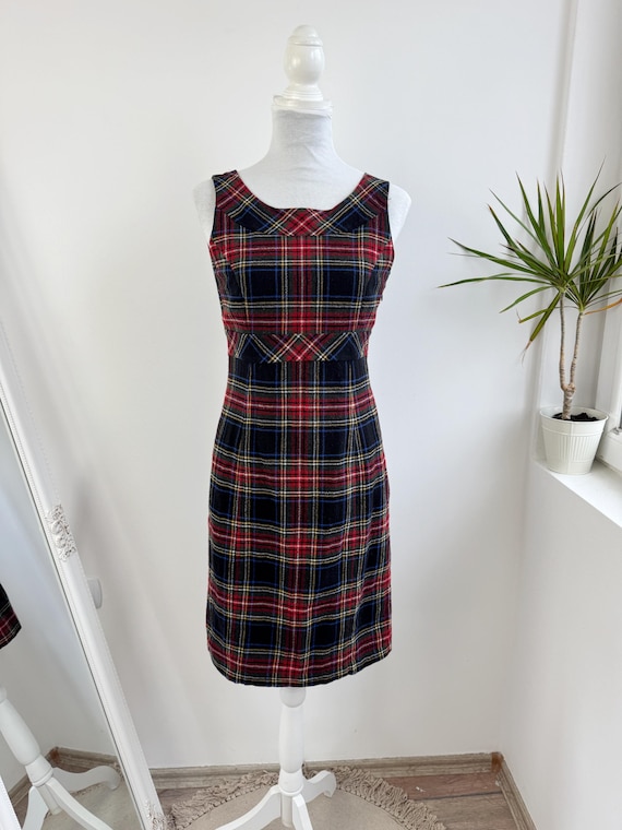 Vintage Red Plaid Sheath Dress Size XS/S, Tartan 70% Wool Blend Sleeveless Pencil Dress, 90s Grunge Punk Academia Winter Check Mini Dress