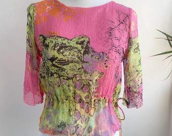 Vintage 90s Sheer Tulle 100% Silk Top Size S, Y2K 2000s Tiger Animal Print Pink Green Mesh Blouse, Half Sleeve Drawstring Waist Silk Shirt