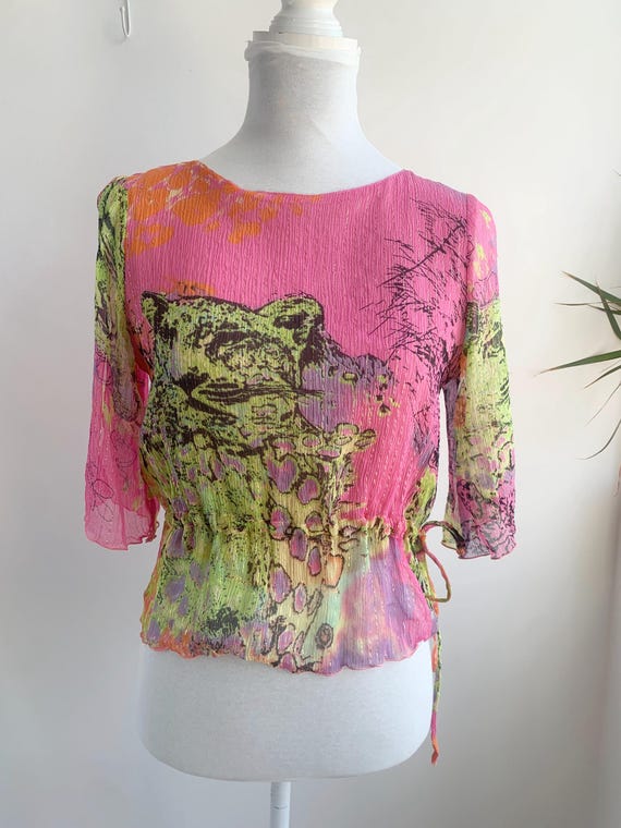 Vintage 90s Sheer Tulle 100% Silk Top Size S, Y2K 2000s Tiger Animal Print Pink Green Mesh Blouse, Half Sleeve Drawstring Waist Silk Shirt