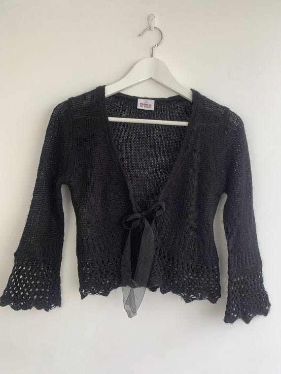Vintage Black Knit Cardigan Size XS, Mohair Wool Sweater, Romantic Cropped Cardigan, 3/4 Sleeve Open Front Tie Up Cardigan, Knitted Bolero