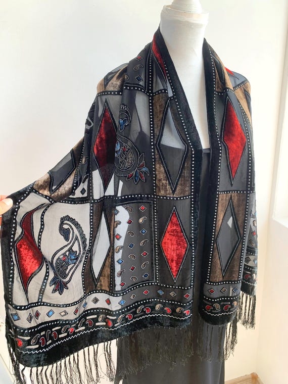Vintage 90s Silk Velvet Burn Out Wrap, Red Blue Black Elegant Evening Shawl, Art Deco Sheer Lace Shoulder Scarf for Women, Shoulder Stole