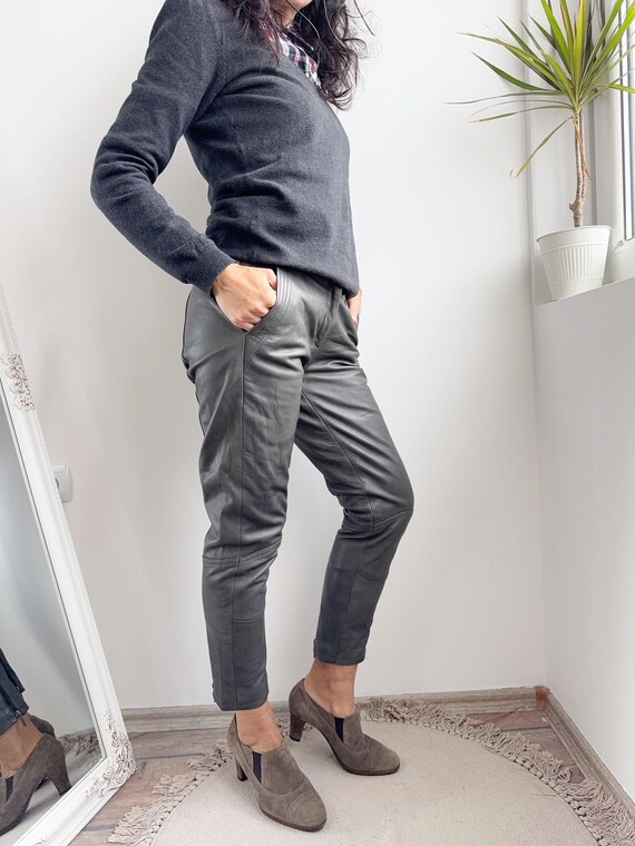 Vintage Grey Lambskin Leather Trousers Women's Size S, High-Waisted Cropped Ankle Zip Pants, Biker Rocker Soft Leather Capris with Pockets