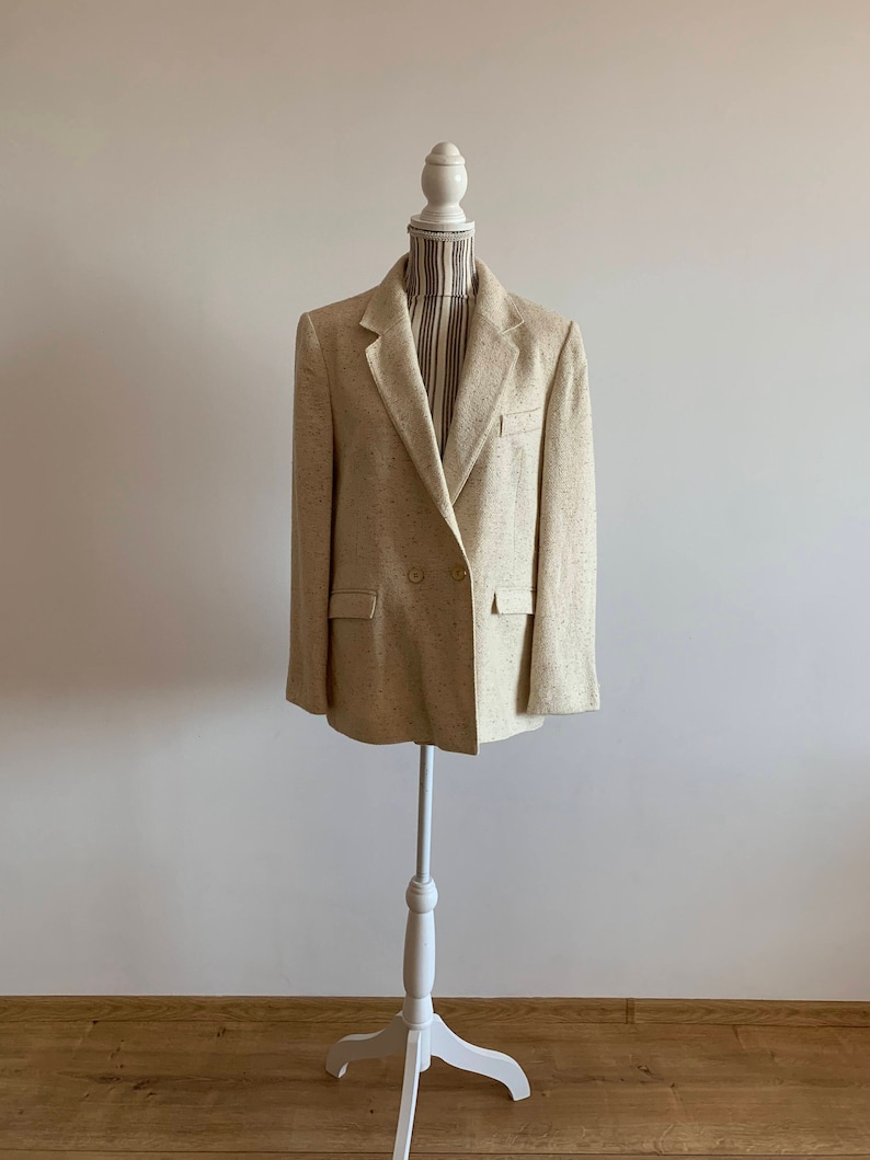 Blazer en tweed de laine ivoire pour femme taille 42 M, blazer boyfriend oversize vintage, manteau croisé pour homme, veste en laine ample unisexe image 1