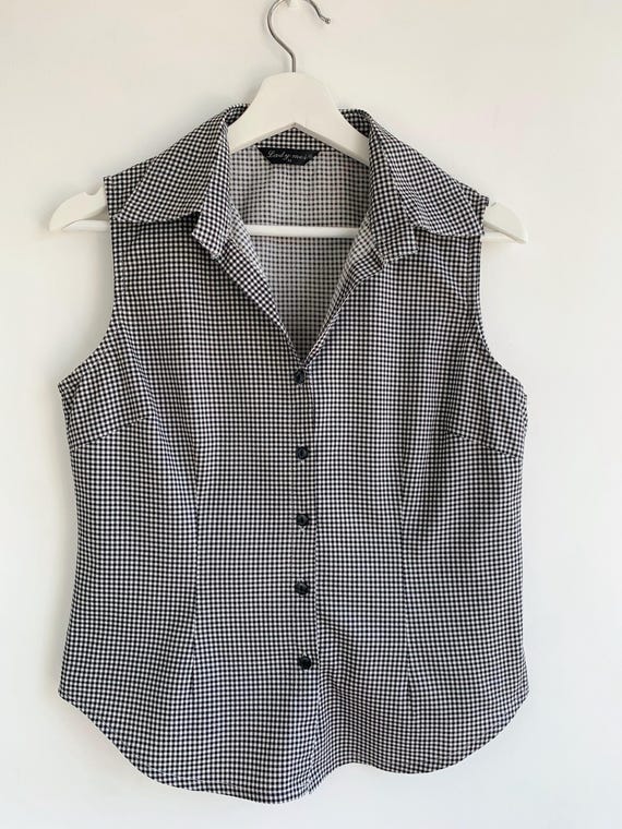 Vintage Sleeveless Gingham Blouse Size M, 90s Black and White Collared Shirt, Y2K Checkered Button Up Top, Retro Summer Cotton Tank Vest Top