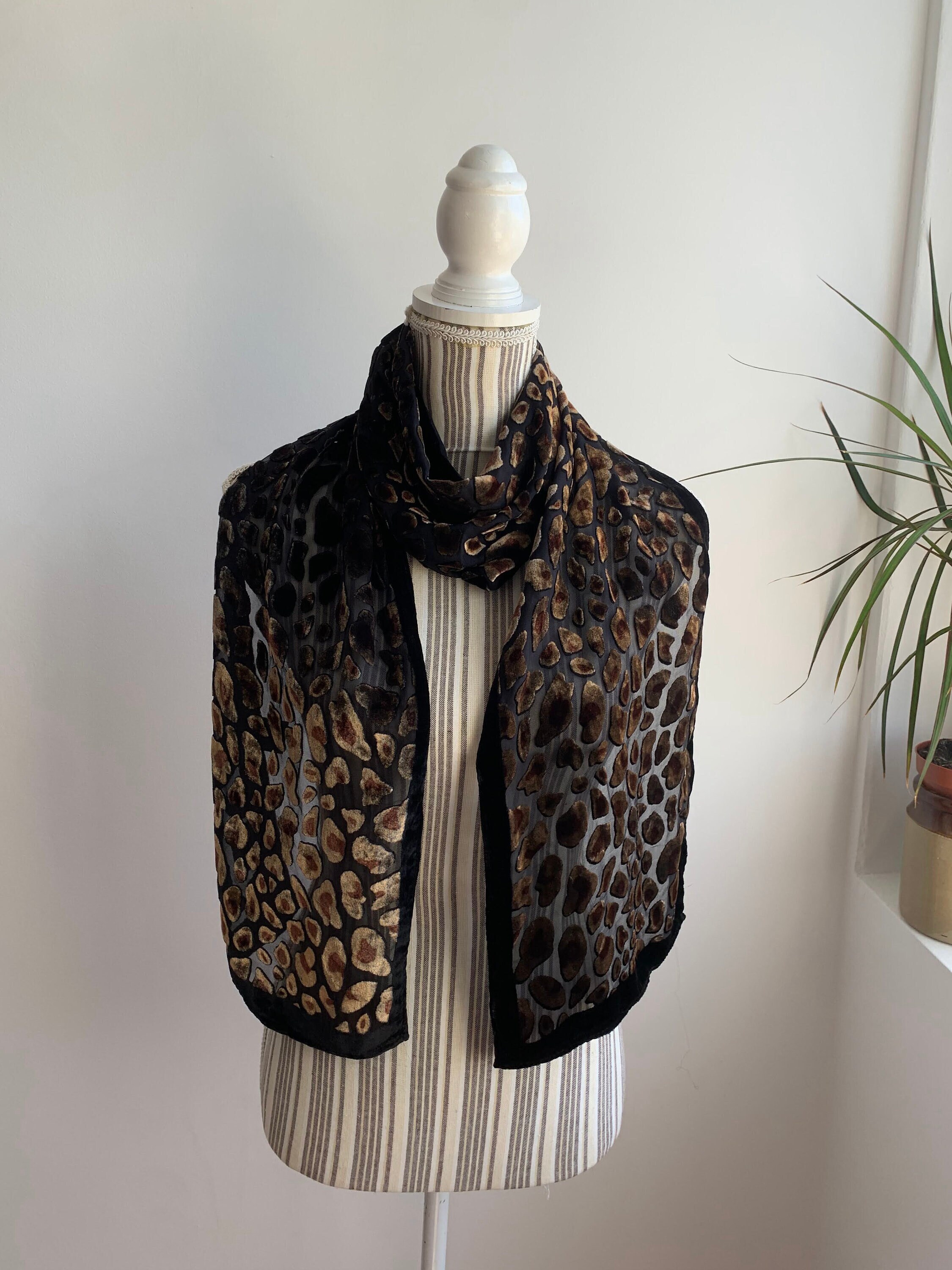 Vintage Black Bronze Gold Cut Velvet Scarf, Elegant Shiny