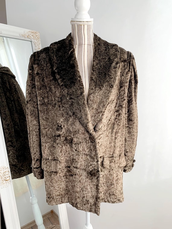 Vintage 80s Crushed Velvet Coat for Women, Taupe Brown Furry Bomber Jacket, Bulky Retro Coat, Oversized Jacket Size L XL, Plus Size Coat