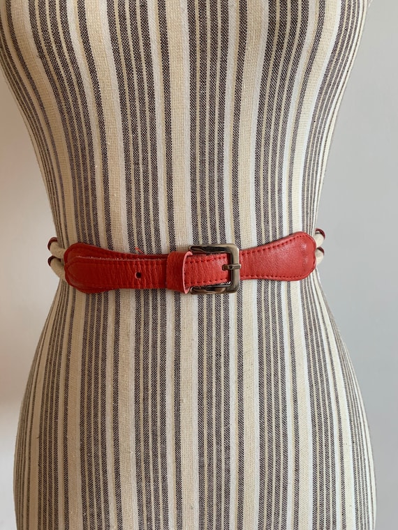 Vintage Red Leather & Rope Waist Belt, 80s Nautical Cinch Belt for Dresses, Skinny Retro Summer Accessory, Boho Chic Braided Waistband