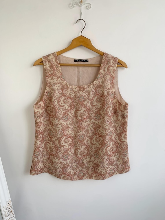 Vintage Jensen Sleeveless Blouse for Women Size L, Paisley Tank Top, Scoop Neck 90s Top, Abstract Floral Blouse, Camel Beige Cottagecore Top