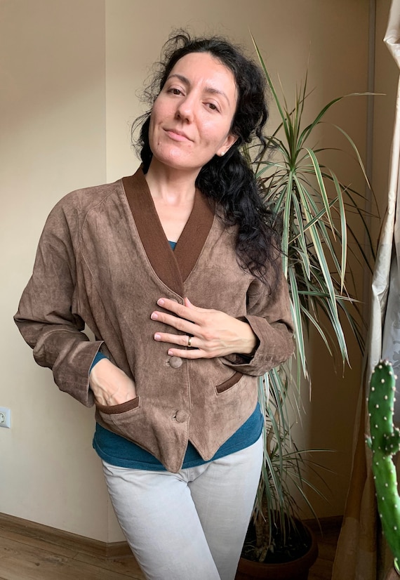 Vintage Suede Leather Jacket for Women Size 36 S, 80s Cropped Leather Jacket, Brown Suede Coat, 3 Button Blazer, Bohemian Bomber Jacket