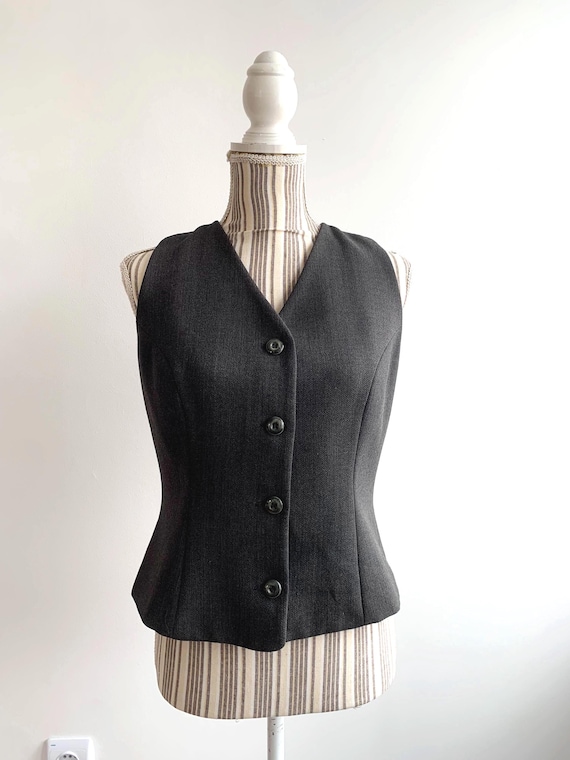 Vintage Italian Wool Vest Size Small S, Charcoal Grey Waistcoat, 90s Minimalist Dark Academia Gilet, Tailored Office Wear Made in Italy