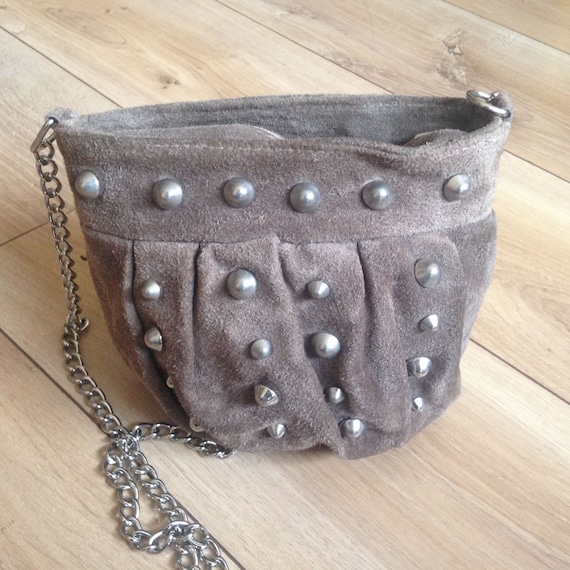 Grey Leather Crossbody Bag, Chain Strap Purse, Studded Crossbody Bag, Suede Leather Bag, Rocker Bag, Biker Shoulder Purse, Oval Handbag