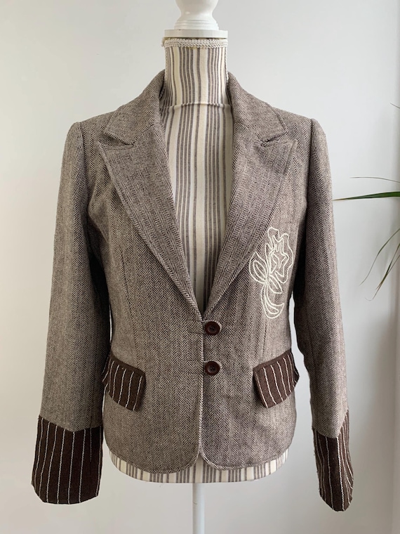 Taupe Brown Tweed Blazer for Women Size L, Vintage Herringbone Blazer, V Neck Collared  Cropped Wool Coat, Slim Fit Autumn Jacket, Fall Coat