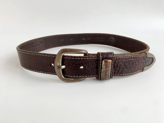 Vintage DIESEL Brown Genuine Leather Waist Belt with Brass Buckle 74 - 85 cm/ 29 -33", Distressed Bohemian Festival Belt, Western Jeans Belt
