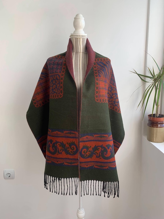 90s Double Sided Oversized Wool Scarf, Vintage Warm Chunky Blanket Scarf, Large Soft Shawl Wrap, Green Burgundy Long Wide Fringed Coat Scarf