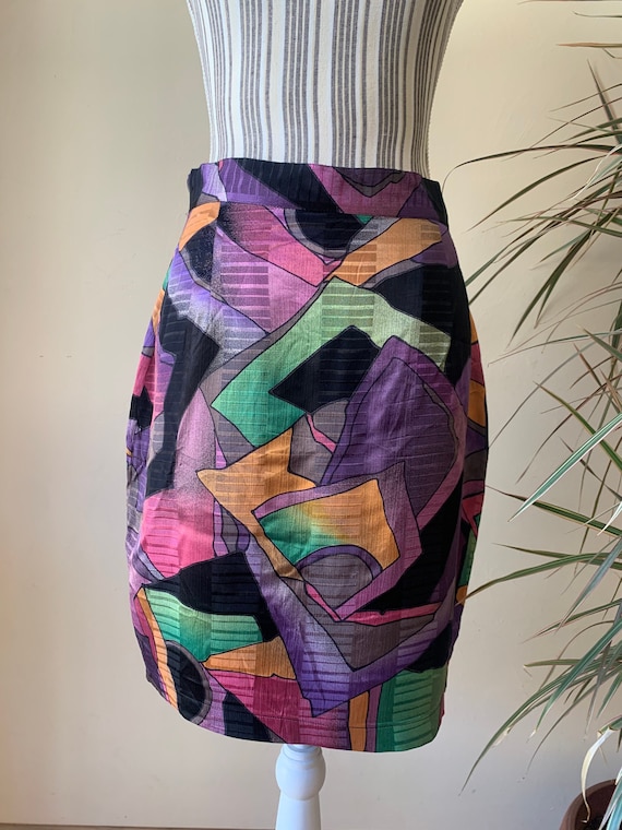 Color Block Silk Pencil Skirt for Women Size M, Vintage 80s Multi Color Above the Knee Skirt, Pink Purple Orange Green High Waist Skirt
