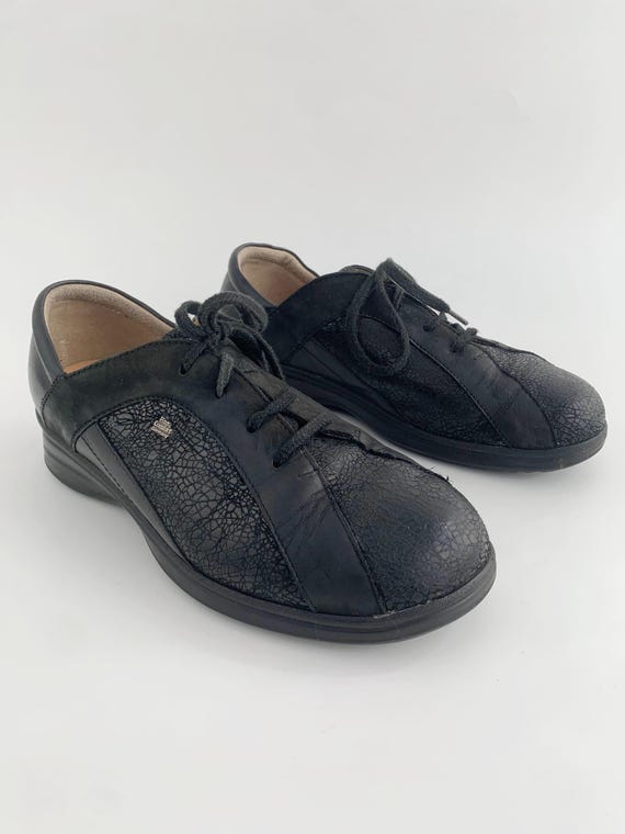 Vintage Black Leather Oxford Shoes Women UK 4 1/2 EUR 37 1/2 US 7, Lace Up Platform Shoes, Comfortable Low Wedge Shoes, Orthopaedic Loafers