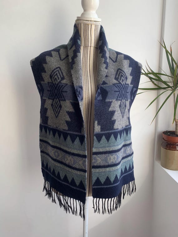 Chunky Cozy Warm Fluffy Wool Winter Scarf, Vintage 90s Rectangular Fringed Coat Wool Scarf, Geometric Print Navy Blue Mint Grey Aztec Scarf