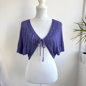 Vintage Purple Lace Knit Bolero Shrug Made in Italy Open Front Tie Up Cardigan Sheer Cropped Cover Up, Mesh Sweater Top, Crop Knitted Jacket