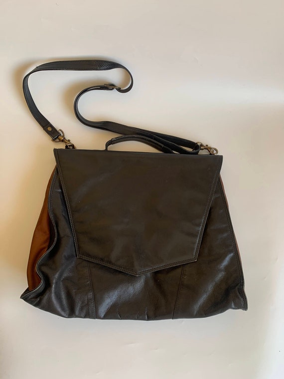 Black Brown Leather Briefcase, Vintage 80s Attache Case, Oversized Leather Satchel, Large Leather Office Bag, Business Bag, Work Carry On