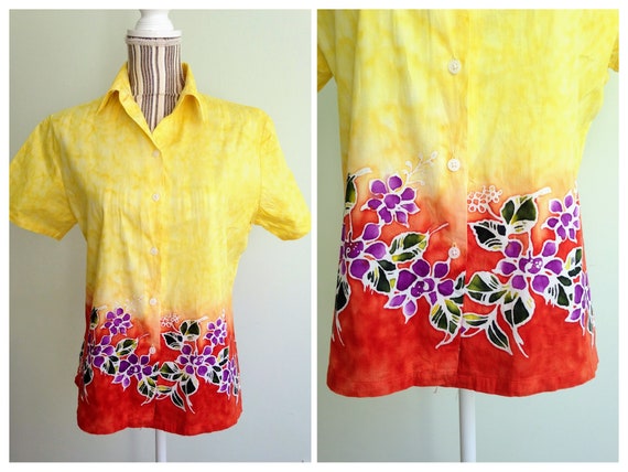 Stamped Floral Shirt in Yellow and Orange, Vintag… - image 1