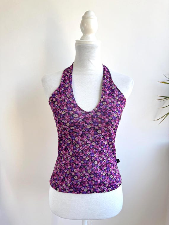 Vintage Purple Floral Halter Top Size S/M Ditsy Print Backless Crop Top, Y2K Festival Mesh Halterneck Tank Top Boho Summer Sleeveless Blouse