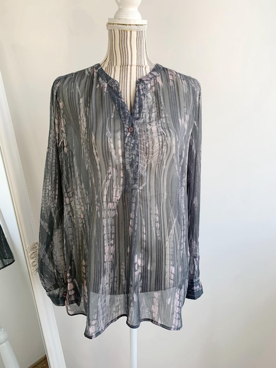 Vintage Grey Sheer Button-up Shirt for Women Size M, Grunge Mesh V Neck Blouse, Long Sleeve Office Wear, Y2K 00s Elegant See Through Top